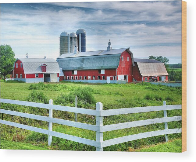 Barn Wood Print featuring the photograph Red Barns and White Fence by Steven Ainsworth