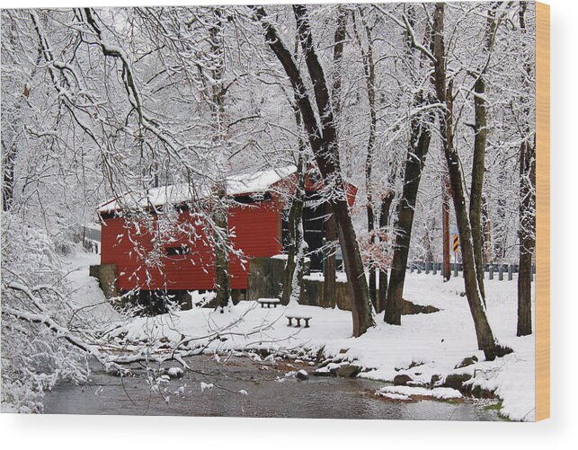 Red Covered Bridge Wood Print featuring the photograph Red Covered Bridge Winter 2013 by Deborah Crew-Johnson