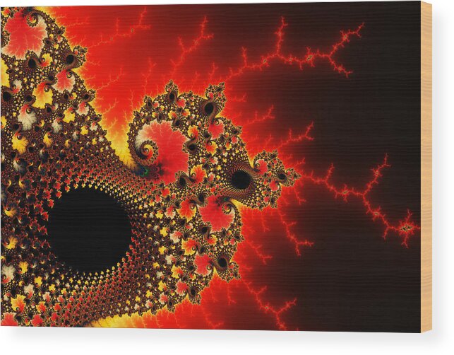 Red Wood Print featuring the photograph Red yellow and black fractal flashes and spirals by Matthias Hauser