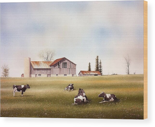 Summer Wood Print featuring the painting Resting Holsteins by Conrad Mieschke