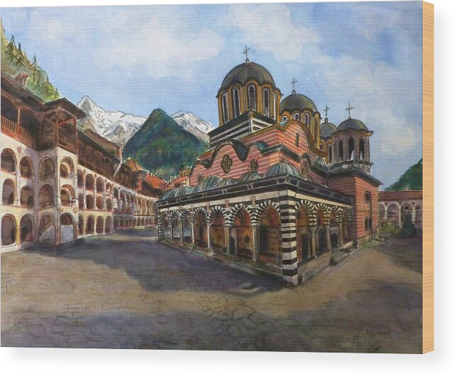 Rila Monastery Wood Print featuring the painting Rila Monastery Bulgaria by Henrieta Maneva