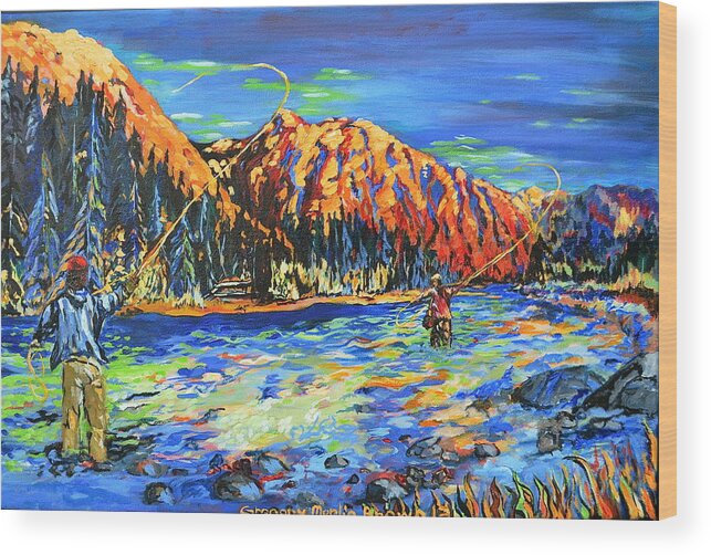 Fishing Wood Print featuring the painting River Fisherman by Gregory Merlin Brown