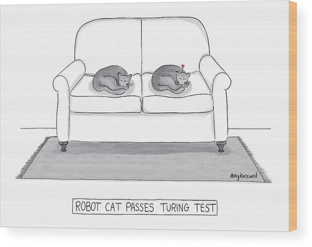 Cat Wood Print featuring the drawing Robot Cat Passes Turing Test by Amy Kurzweil