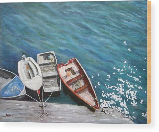 Water Wood Print featuring the painting Row Boats at Dock by Sandra Nardone