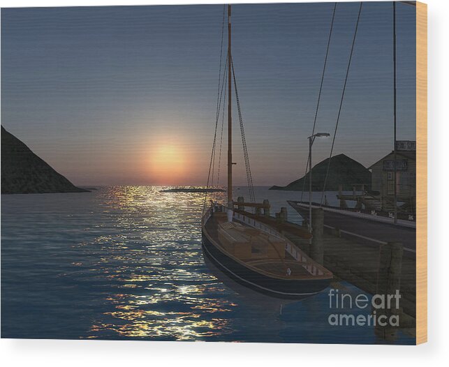 Ocean Wood Print featuring the digital art Sailboat in sunset by Susanne Baumann