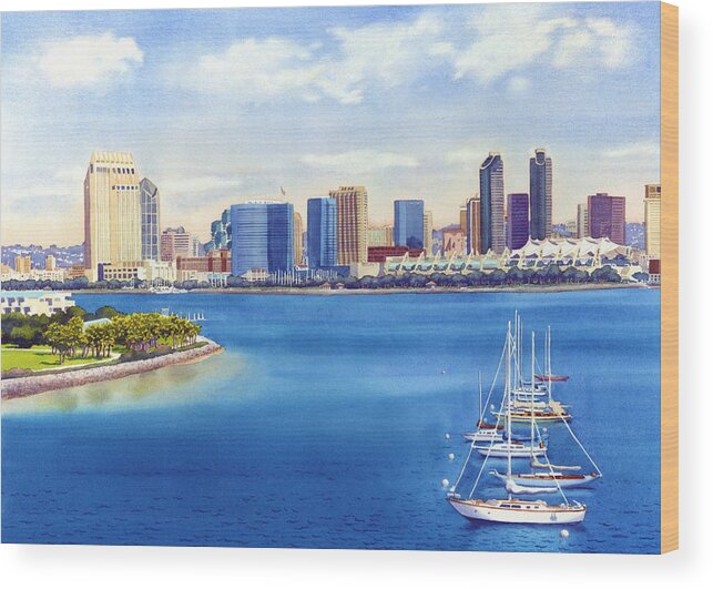 San Diego Wood Print featuring the painting San Diego Skyline with Meridien by Mary Helmreich