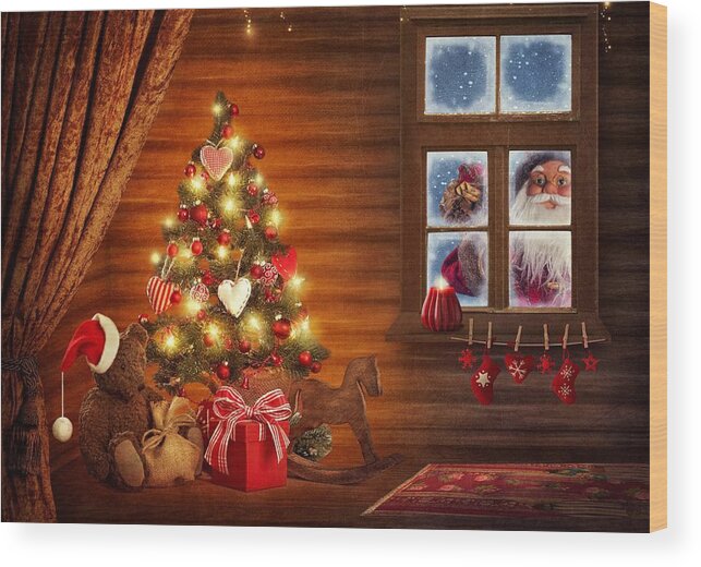 Christmas Wood Print featuring the photograph Santa Claus Looking Through Window by Doc Braham