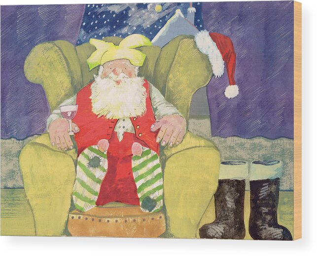 Boots; Socks; Father; Christmas; Armchair; Wine; Glass Wood Print featuring the painting Santa Warming his Toes by David Cooke