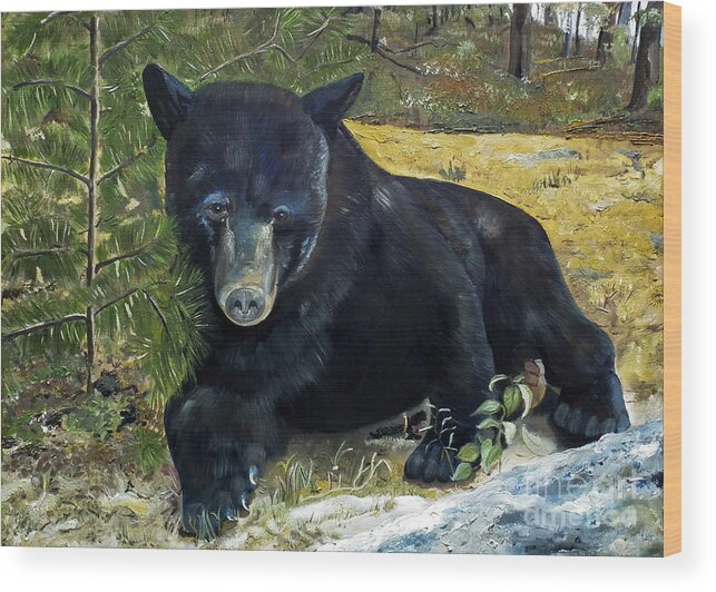 Black Bear Wood Print featuring the painting Scruffy - Black Bear - unsigned by Jan Dappen