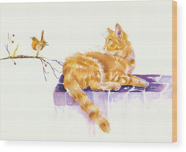 Cat Wood Print featuring the painting Season's Greetings - Cat and Robin by Debra Hall