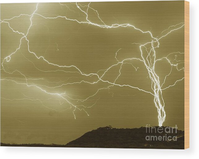 Michael Tidwell Photography Wood Print featuring the photograph Sepia Converging Lightning by Michael Tidwell