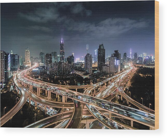 Built Structure Wood Print featuring the photograph Shanghai, Busy Road Intersection At Dusk by Martin Puddy