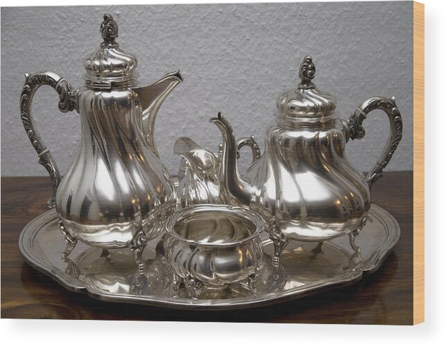 Domestic Room Wood Print featuring the photograph silver teapot - Silberne Teekanne by Wakila