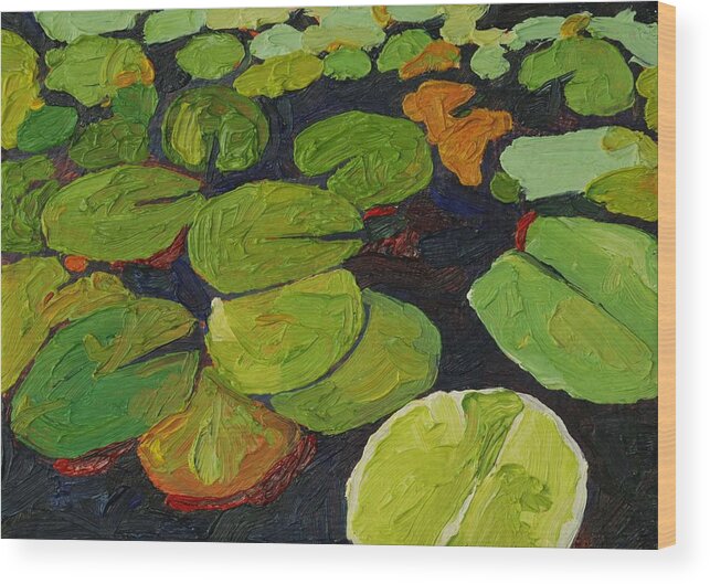 Floral Wood Print featuring the painting Singleton Lily Pads by Phil Chadwick