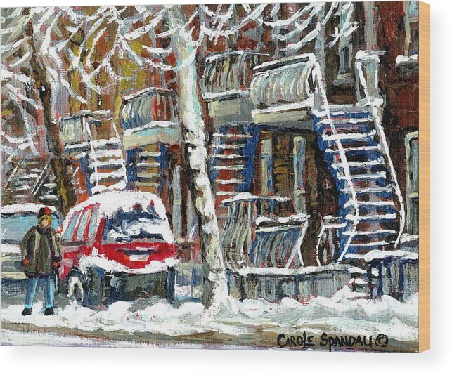Montreal Wood Print featuring the painting Snowed In January Trees Red Car In Verdun Winter City Scene Montreal Art Carole Spandau by Carole Spandau