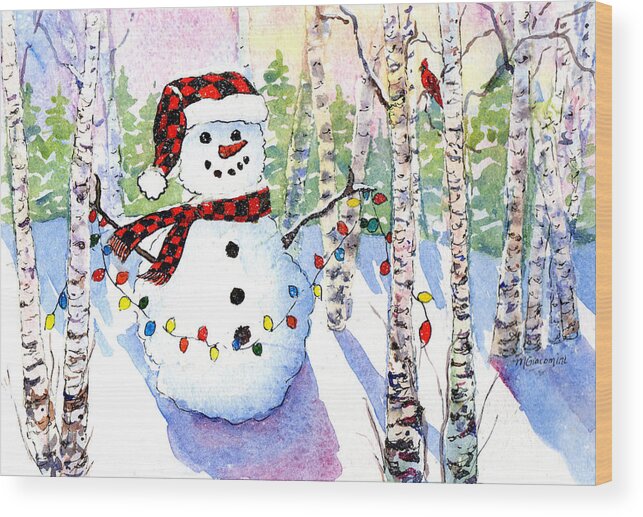 Snowman Wood Print featuring the painting Snowy Wishes by Mary Giacomini
