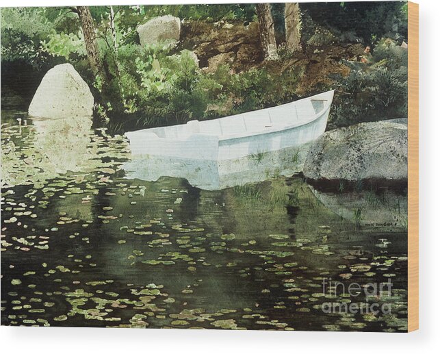 A White Boat Floats In A Quiet Pond On Southport Island Just Across The Bridge From Boothbay Harbor Wood Print featuring the painting Solitude by Monte Toon