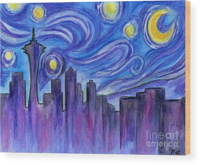 Starry Night Over Seattle Wood Print featuring the painting Starry Night Over Seattle by Classic Visions Gallery