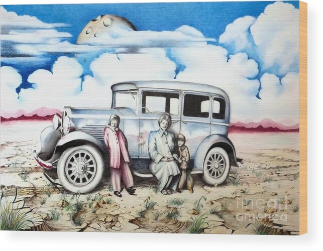 Surreal Drawing Of Desert Wood Print featuring the drawing Sunday Drive by David Neace CPX