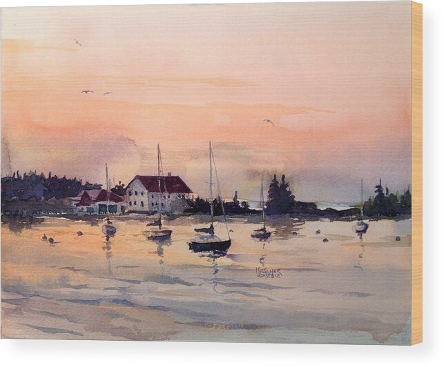 Grand Marais Wood Print featuring the painting Sunrise On The Harbor by Spencer Meagher