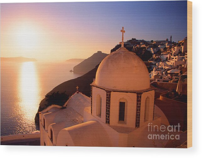 Santorini Wood Print featuring the photograph Sunset And Orthodox Church by Aiolos Greek Collections