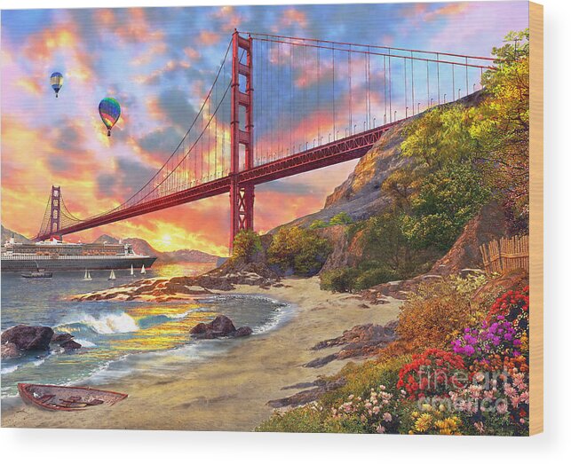 Golden Gate Wood Print featuring the digital art Sunset at Golden Gate by MGL Meiklejohn Graphics Licensing