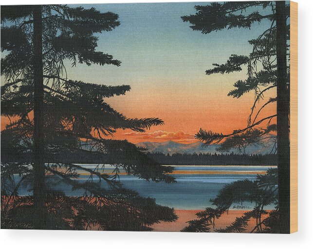 Sunset On Fallen Leaf Lake Wood Print featuring the painting Sunset on Fallen Leaf Lake by Sandi Howell