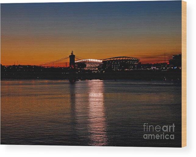 Cincinnati Wood Print featuring the photograph Sunset on Paul Brown Stadium by Mary Carol Story