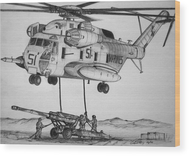 Ch-53 Wood Print featuring the drawing Super Stallion Here to Lift by Chris Dang
