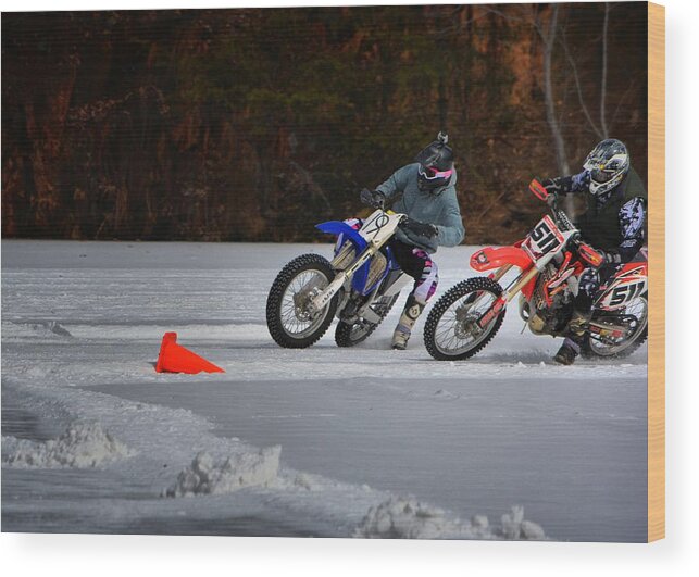 Ice Racing.motorcycle Racing Wood Print featuring the photograph Tale O' Da Tail by Robert McCubbin