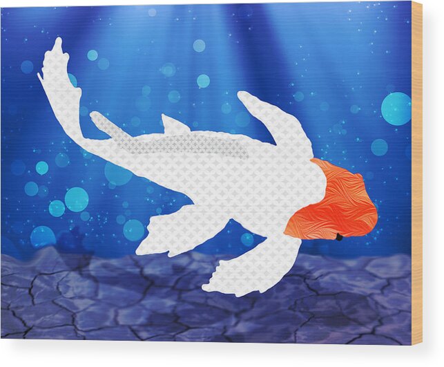 Koi Wood Print featuring the painting Textured Kohaku Koi in Blue Pond with Bubbles by Elaine Plesser