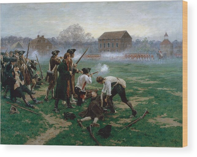 Massachusetts Wood Print featuring the painting The Battle Of Lexington, 19th April 1775 by William Barnes Wollen