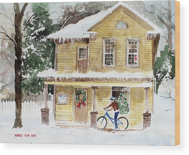 A Young Girl Briefly Tries Out Her New Bike On The Front Porch Of Her Snow Covered Home. Wood Print featuring the painting The Christmas Bike by Monte Toon