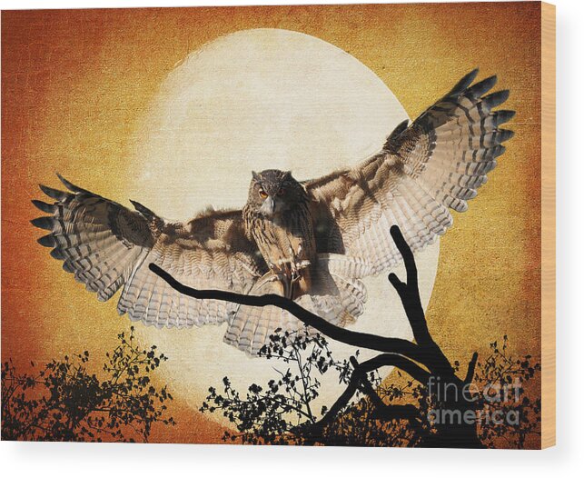 Textures Wood Print featuring the photograph The Eurasian Eagle Owl And The Moon by Kathy Baccari