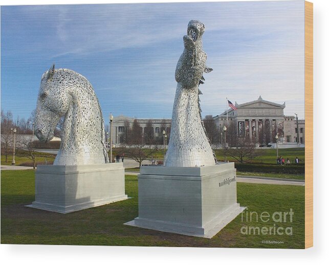 The Kelpies Wood Print featuring the photograph The Kelpies with the Field Museum by Veronica Batterson