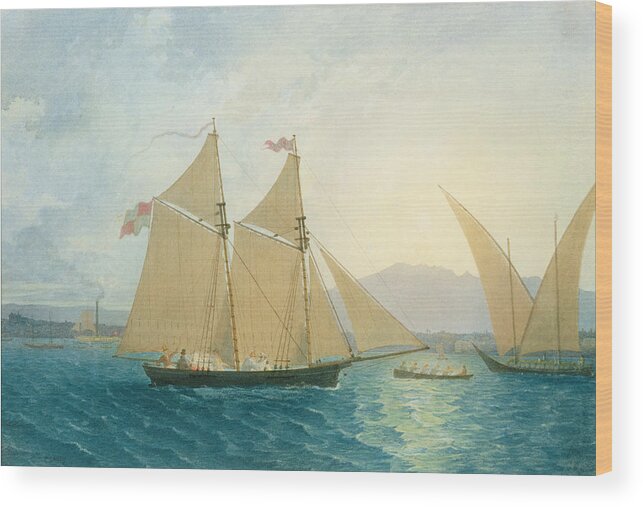 Boat; Boats; Sails; Sailing; Rowing; Flag; Yacht; Yachting; Boating; Mountains; Swiss City; Switzerland; Launching Wood Print featuring the painting The Launch La Sociere on the Lake of Geneva by Francis Danby