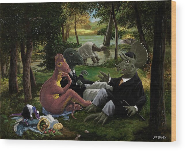 Dinosaur Wood Print featuring the painting The Luncheon on the Grass with dinosaurs by Martin Davey