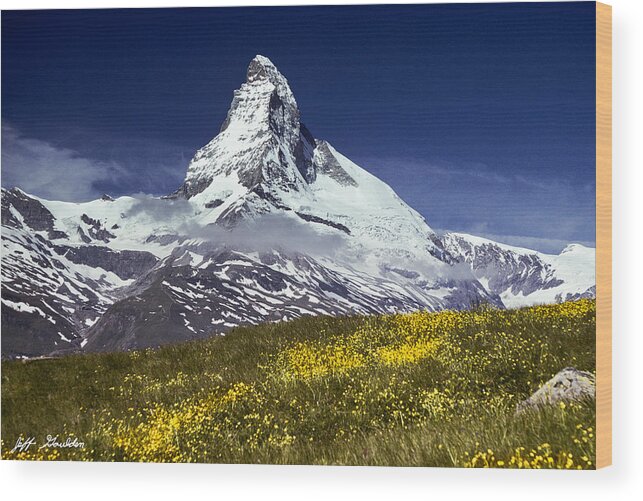 Alpine Wood Print featuring the photograph The Matterhorn with Alpine Meadow in Foreground by Jeff Goulden