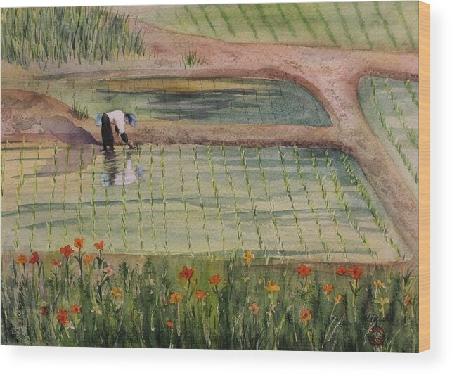 Fields Wood Print featuring the painting The Rice Planter by Kelly Miyuki Kimura