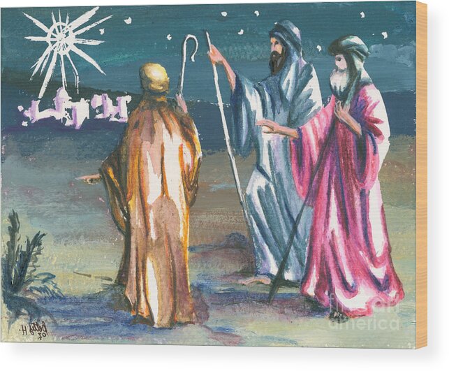 Christmas Greeting Cards Wood Print featuring the painting The Three Kings by Elisabeta Hermann