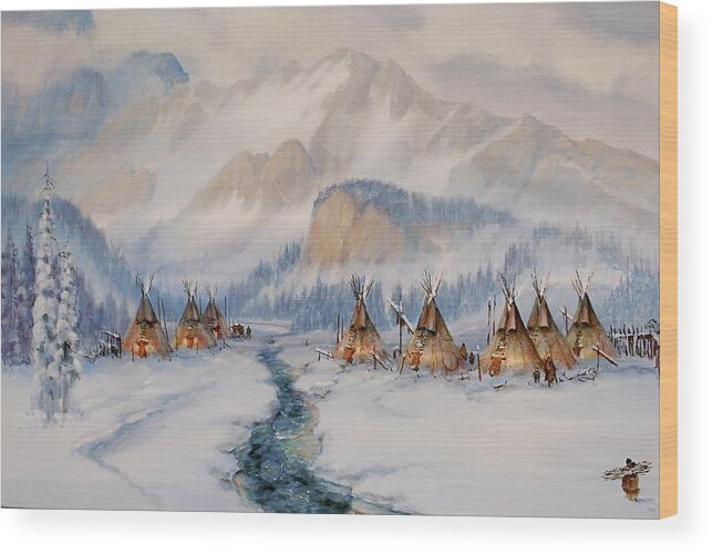 Indian Village In Snow Wood Print featuring the painting The Wood Gatherer by Richard Hinger