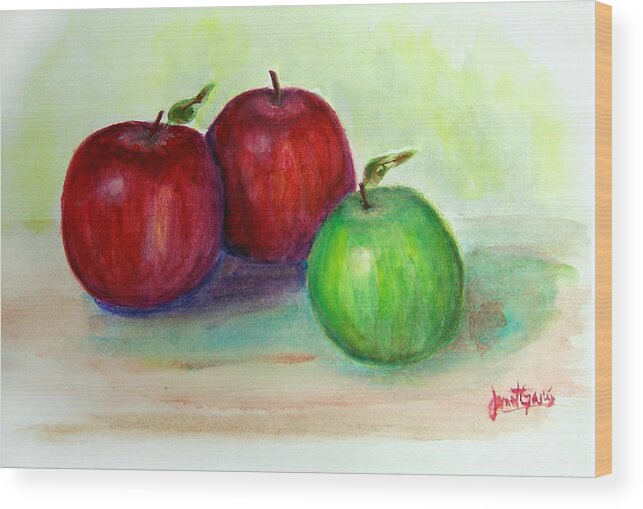 Apples Wood Print featuring the painting Three Apples by Janet Garcia
