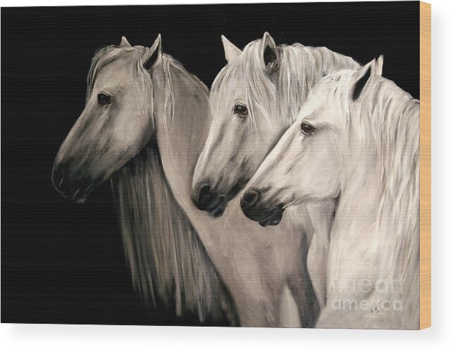 Horses Wood Print featuring the painting Three White Horses by Nancy Bradley