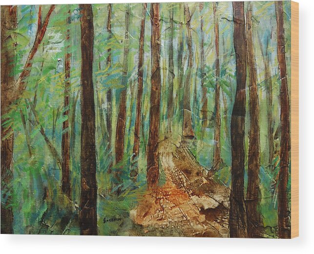 Land Scapes Wood Print featuring the painting Through The Woods by Ronex Ahimbisibwe
