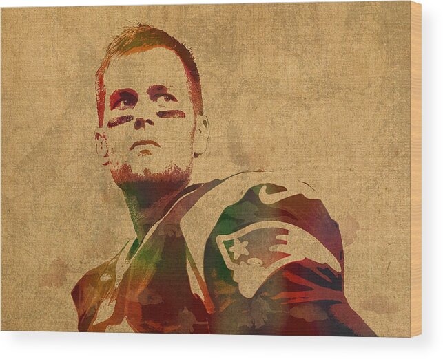 Tom Brady Wood Print featuring the mixed media Tom Brady New England Patriots Quarterback Watercolor Portrait on Distressed Worn Canvas by Design Turnpike