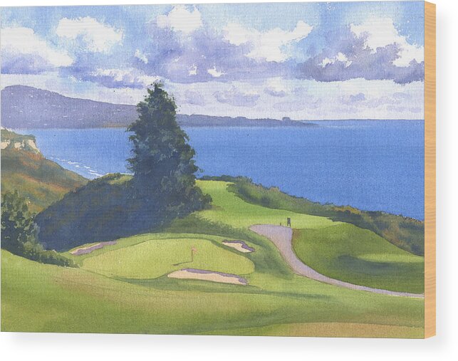 Torrey Pines Wood Print featuring the painting Torrey Pines Golf Course North Course hole #6 by Mary Helmreich
