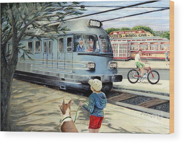 Train Wood Print featuring the painting Train Stop at the Diner by Chris Dreher