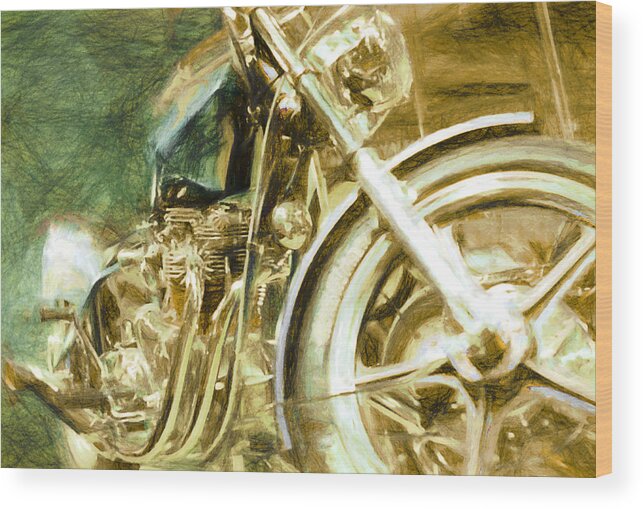 1970's; 1978; Abstract; Art; Avon Tyres; Brown; Chrome; Gold; Green; London; Motorcycle; Motorbike; Motercycle; Purple; Reflection; Show; Triumph; Chopper; Kick Start; Alloy Wheels; Fins; Cooling; Cool; 2 Into 1 Wood Print featuring the photograph Triumph Gold by Steve Taylor