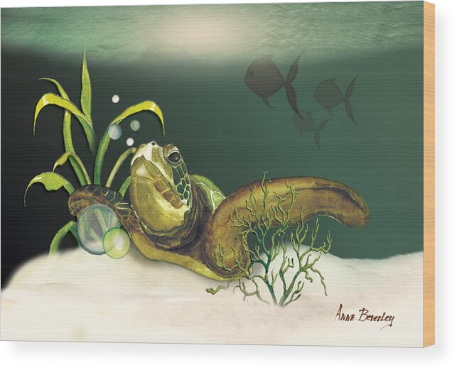 Underwater Wood Print featuring the painting Turtle Swimming over Reef by Anne Beverley-Stamps