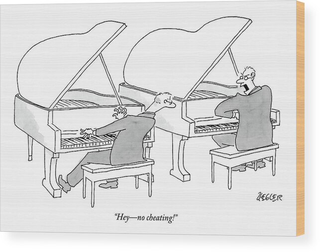 Cheating Wood Print featuring the drawing Two Concert Pianists Play Side-by-side by Jack Ziegler